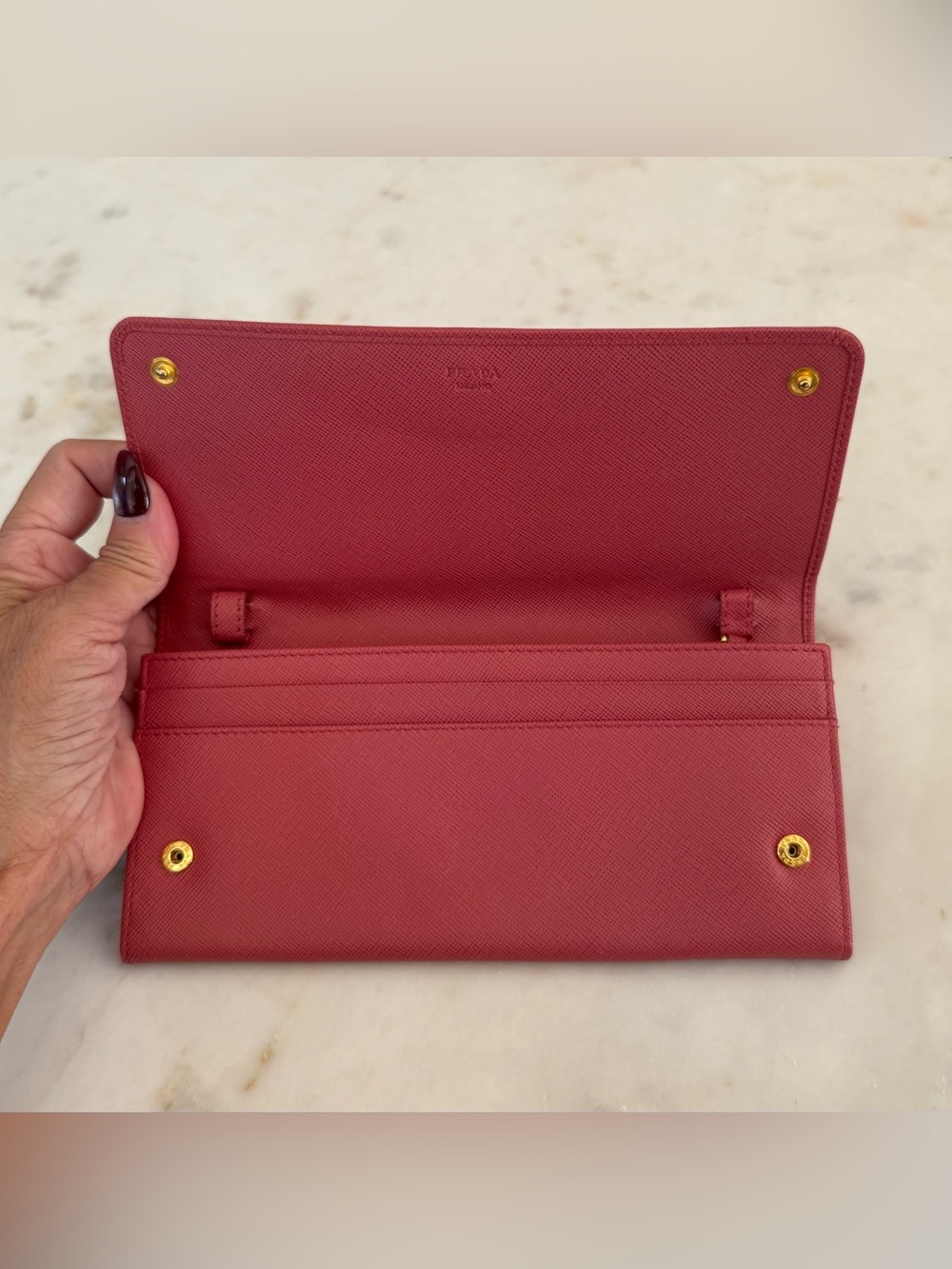 Prada Soft Pink Saffiano Leather Continental Wallet with Gold Logo - Picture 2 of 8